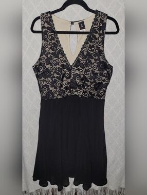 Lilian Black Lace Fit & Flare Dress – Nude Lining V-Neck Feminine Size 2x